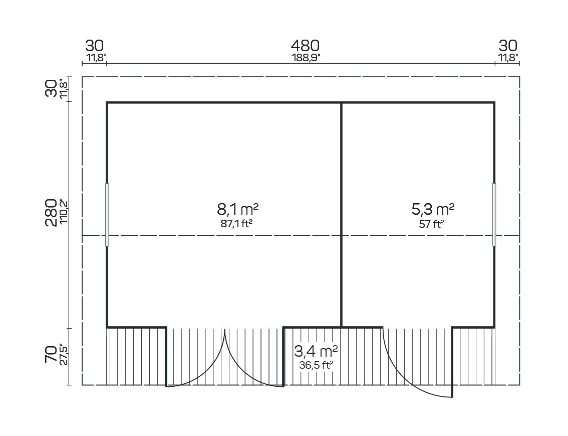 Cedarview 1.6 in (40 mm) Two-Room Garden House Kit - 144 sq. ft. (13.4 m2) + 37 sq. ft. (3.4 m2) Terrace - Image 3