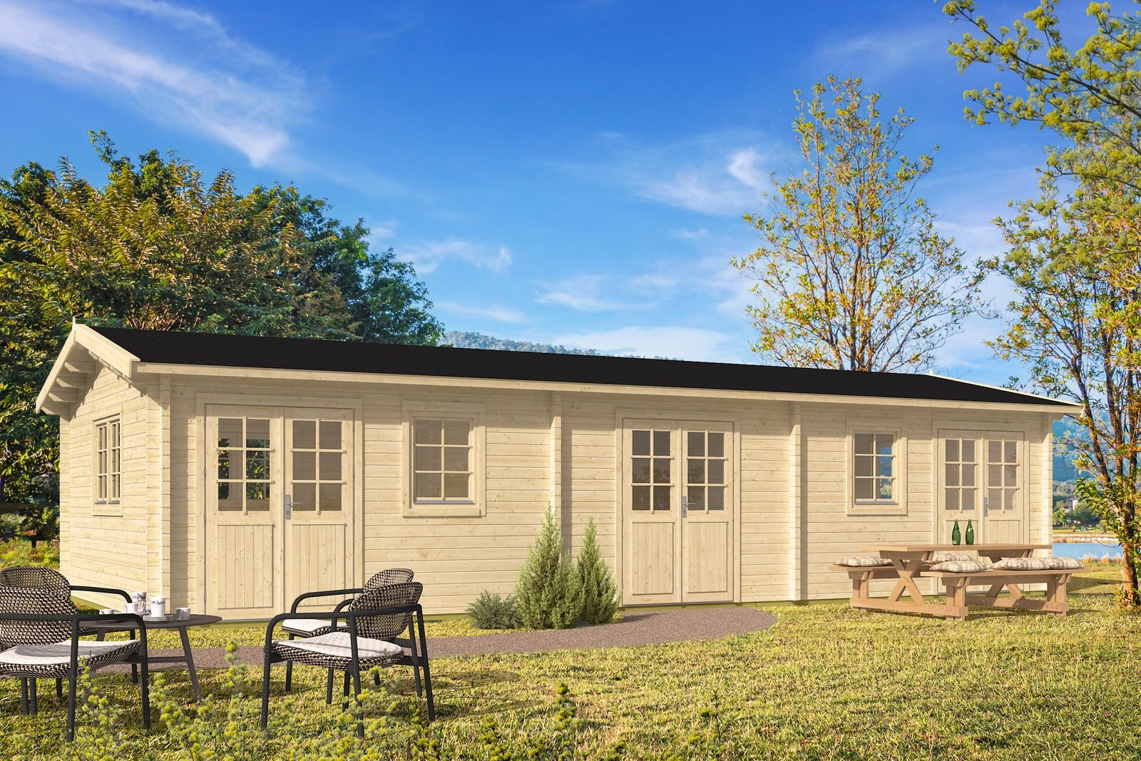 Kit de casa de madera «Kingfisher» de 2,8 pulgadas (70 mm) - 558 pies cuadrados (51,8 m²)