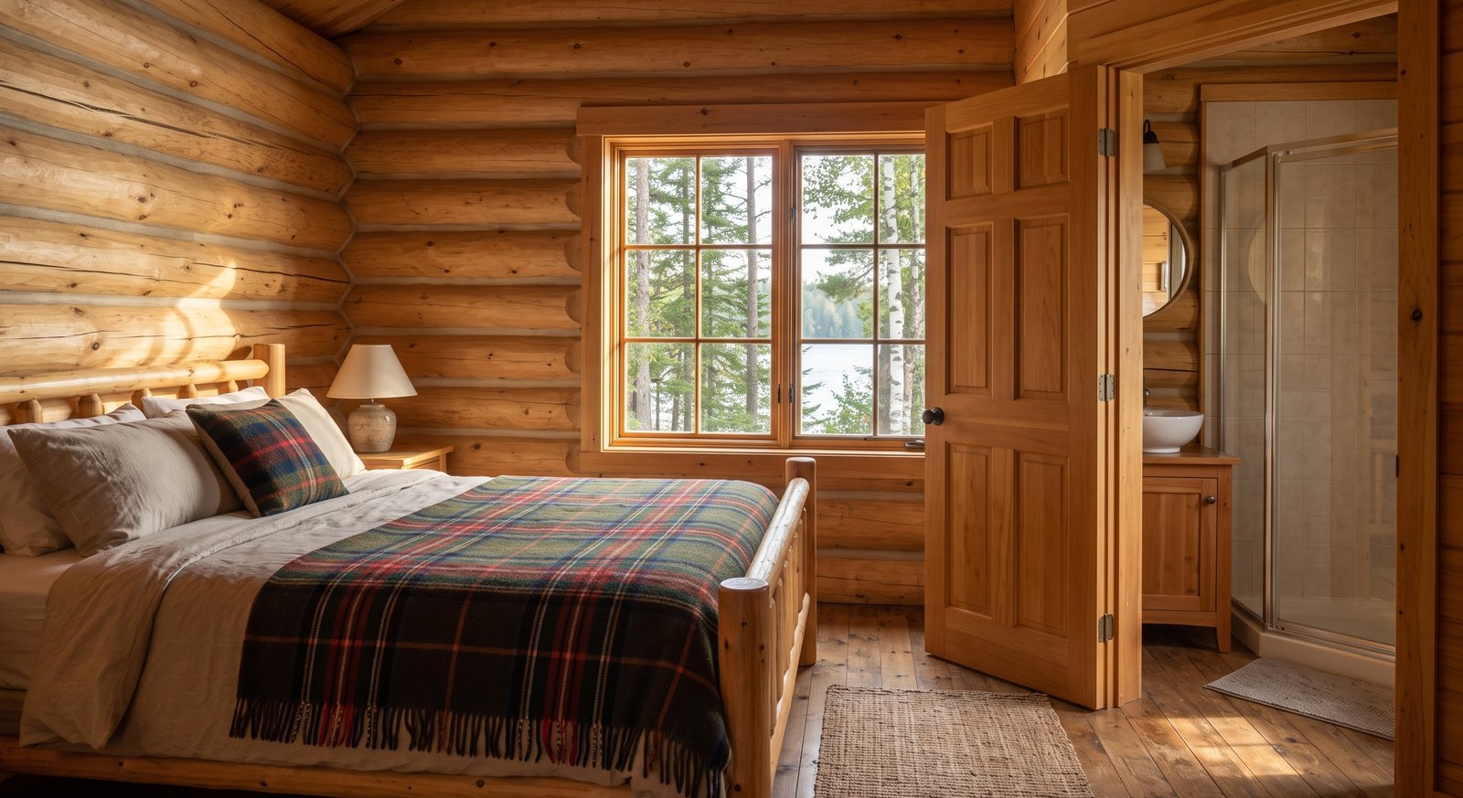 Log bunkie bedroom with an open door to a compact bathroom