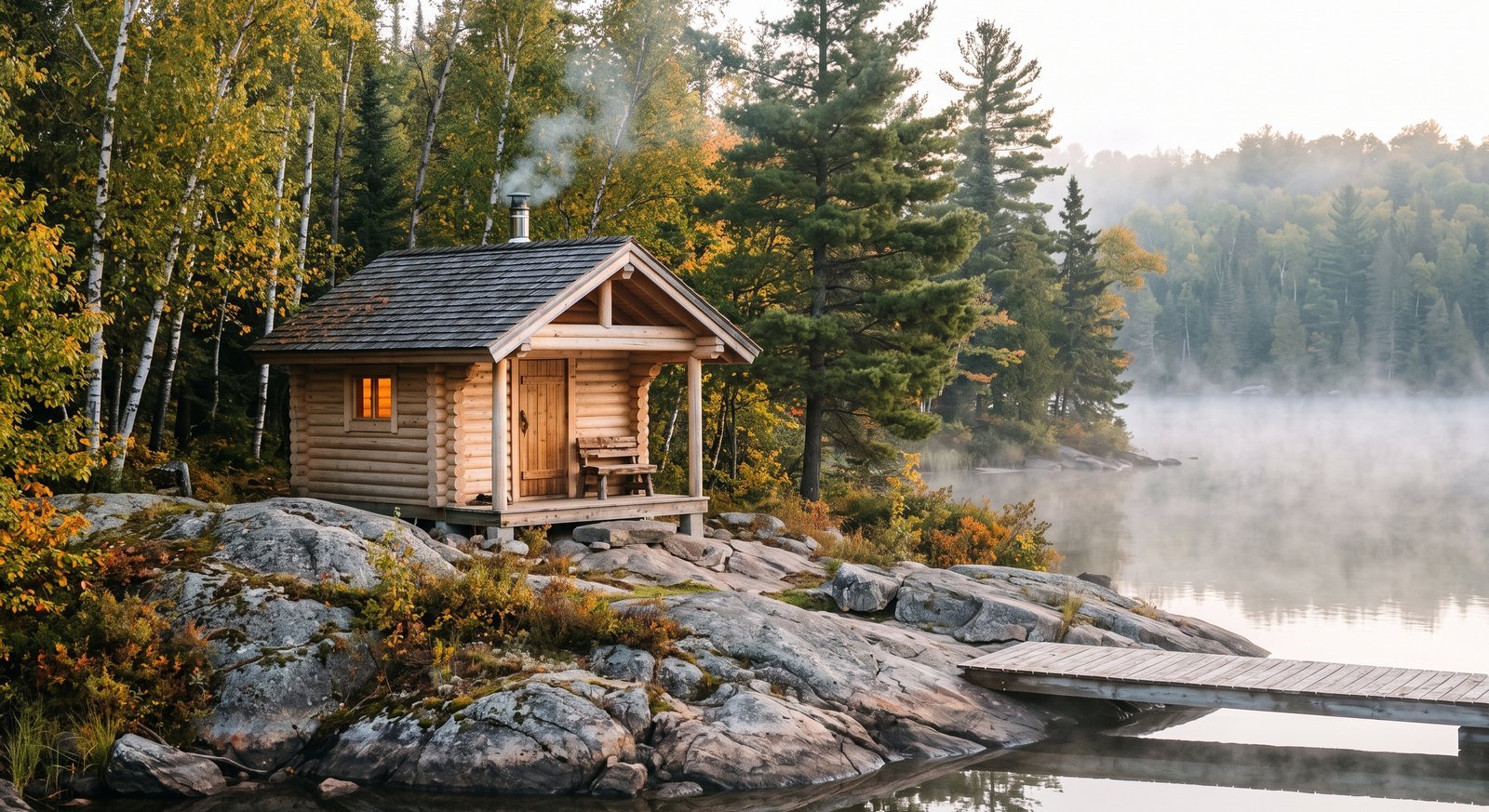 Log cabin sauna with a porch beside a misty Ontario lake