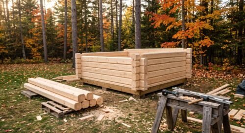 Se están montando las paredes de un kit de sauna de troncos en un patio trasero con herramientas