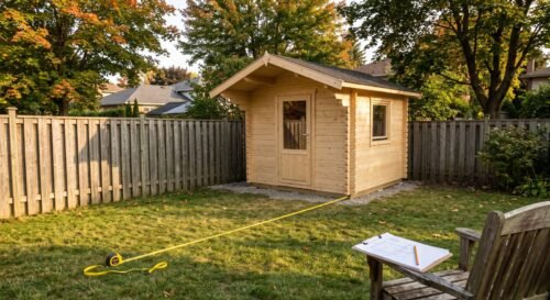 Una casita de madera de abeto en un jardín de Ontario, con una cinta métrica y un plano del terreno