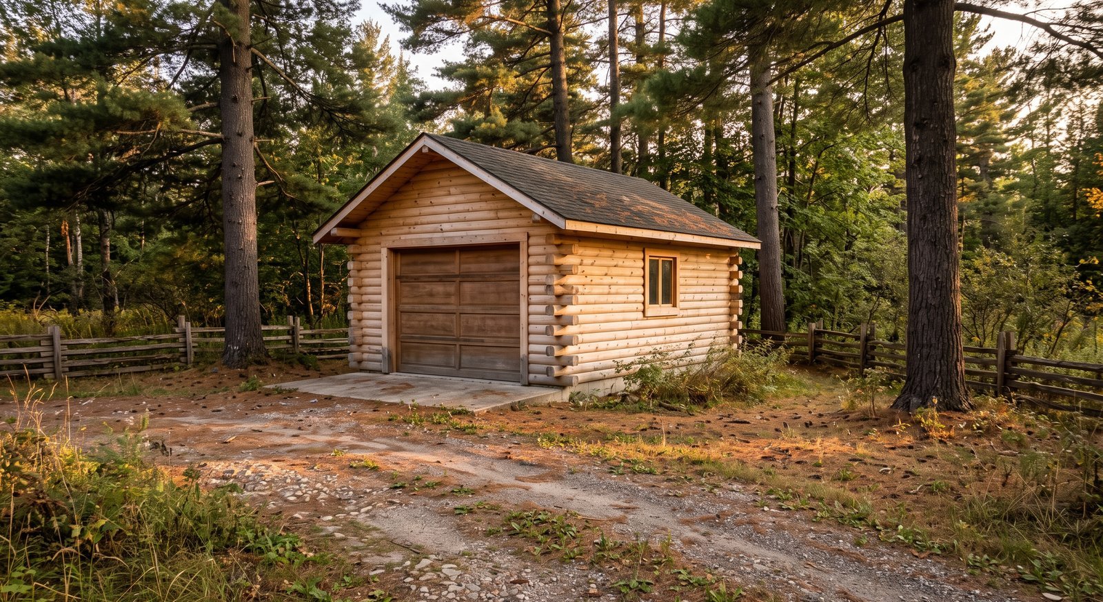 Wooden log garage beside a gravel driveway on a rural Ontario property