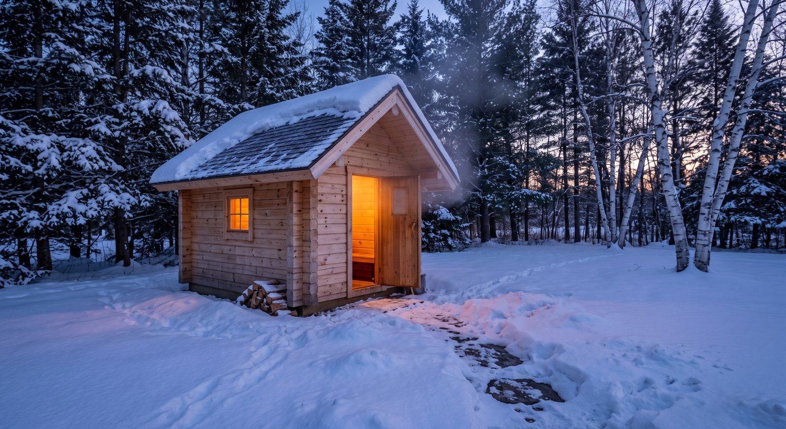 Spruce log sauna cabin glowing at dusk in a snowy Ontario backyard