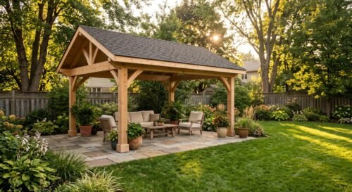 Pérgola de madera cubierta sobre un patio de piedra con muebles de jardín