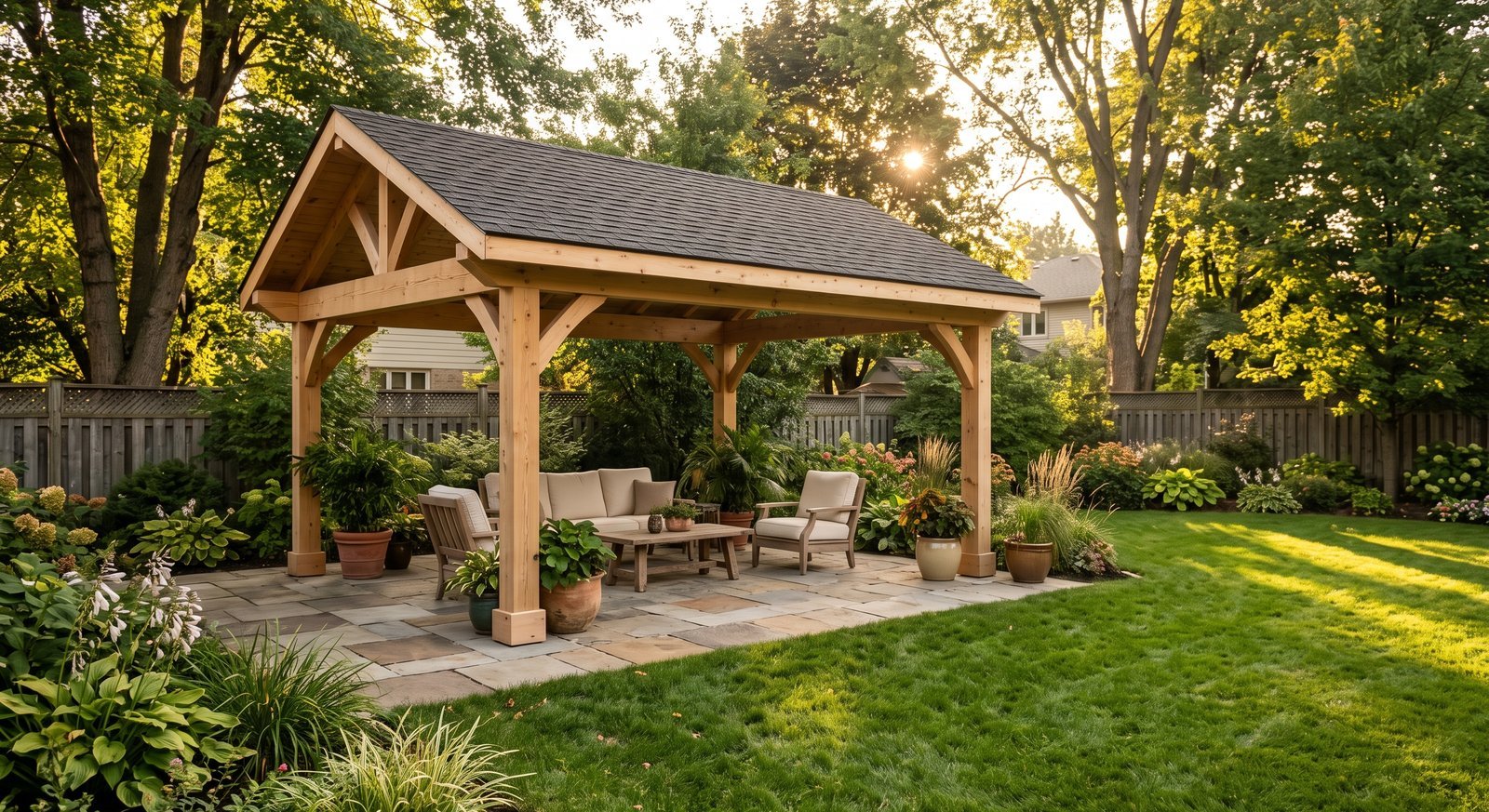 Covered wooden pergola over a stone patio with outdoor lounge furniture