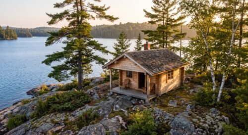 Small log cabin on a rocky point in Ontario cottage country