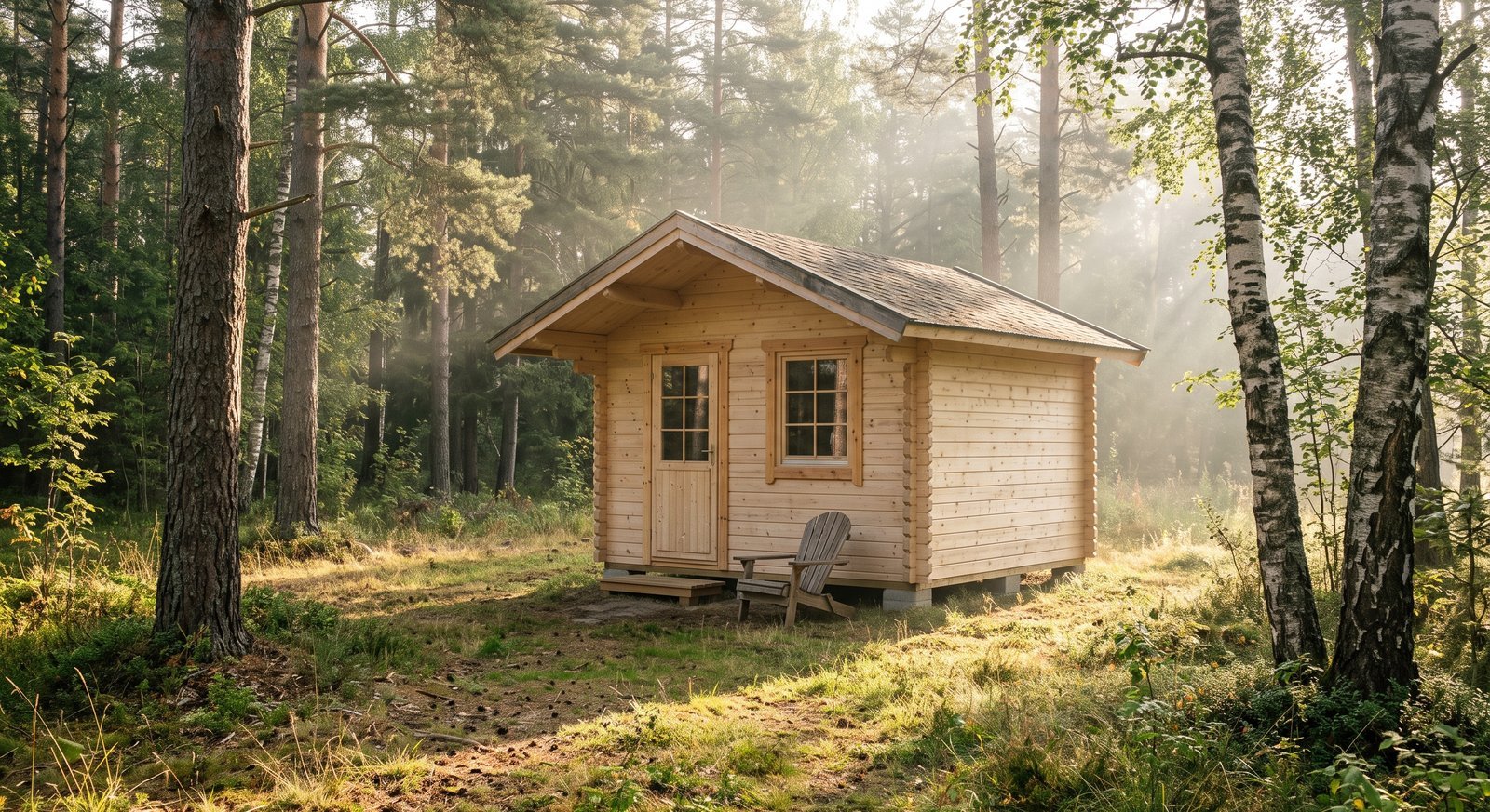 Small spruce log cabin on deck blocks in a sunny forest clearing