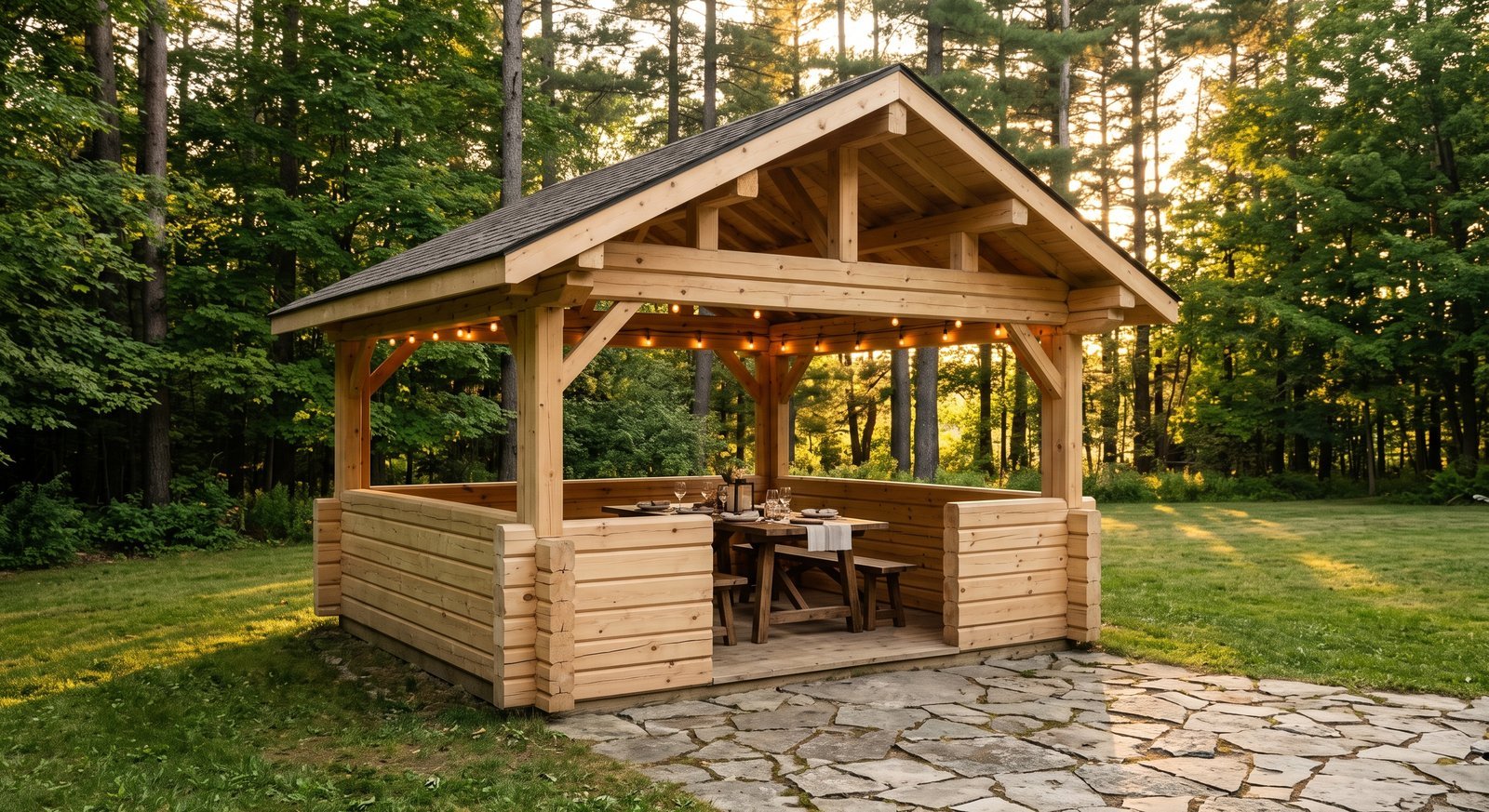 Semi-enclosed wooden gazebo with a dining table and string lights